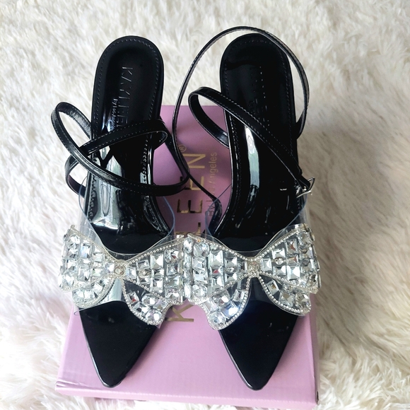 KAYLEEN By Los Angeles Shoes - Kayleen LA Rhinestone Bow Heels Black Pointed Toe Slingback Sandals Size 7.5
